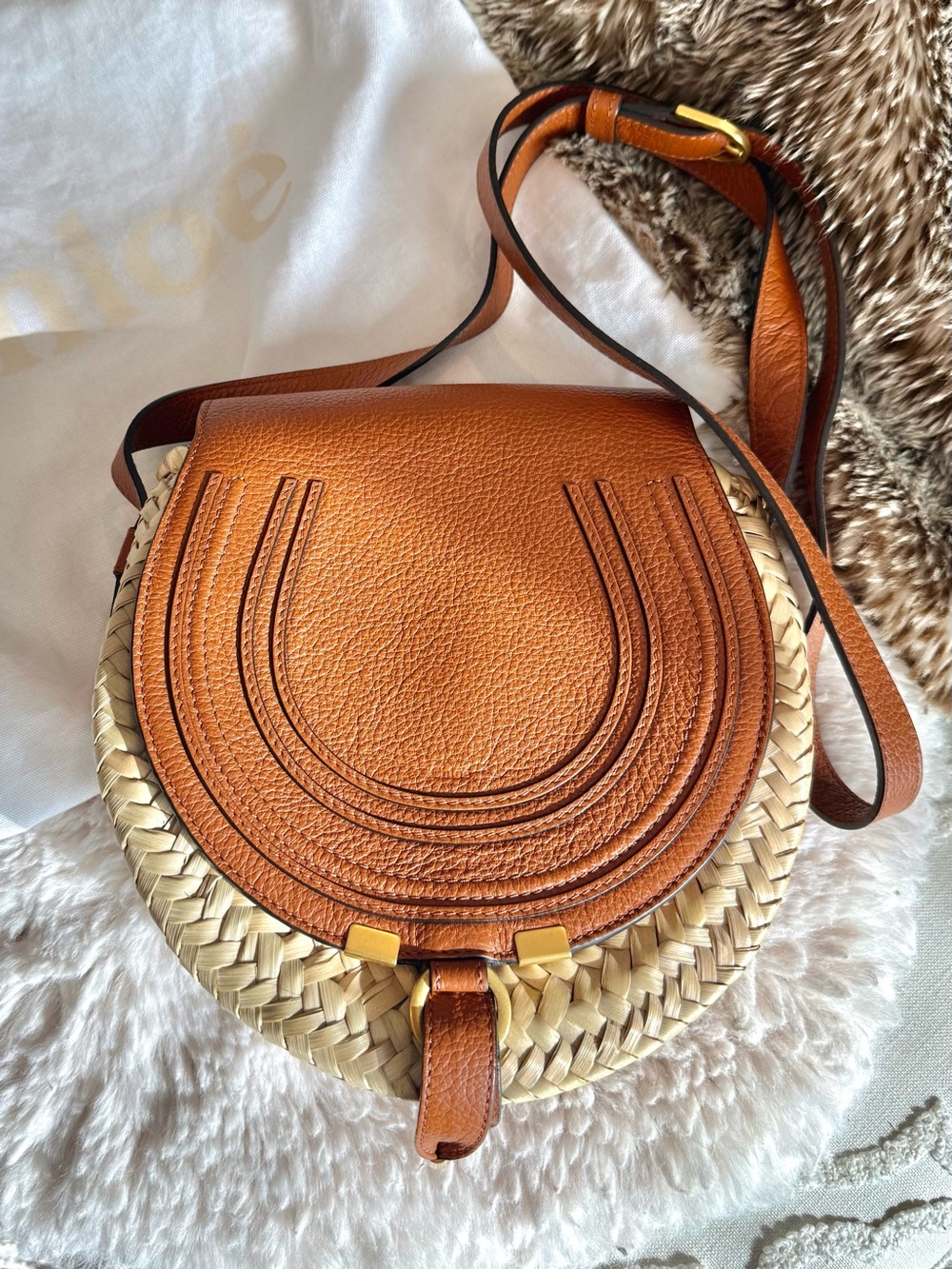 Chloe Marcie Raffia & Leather Saddle Bag in Brown